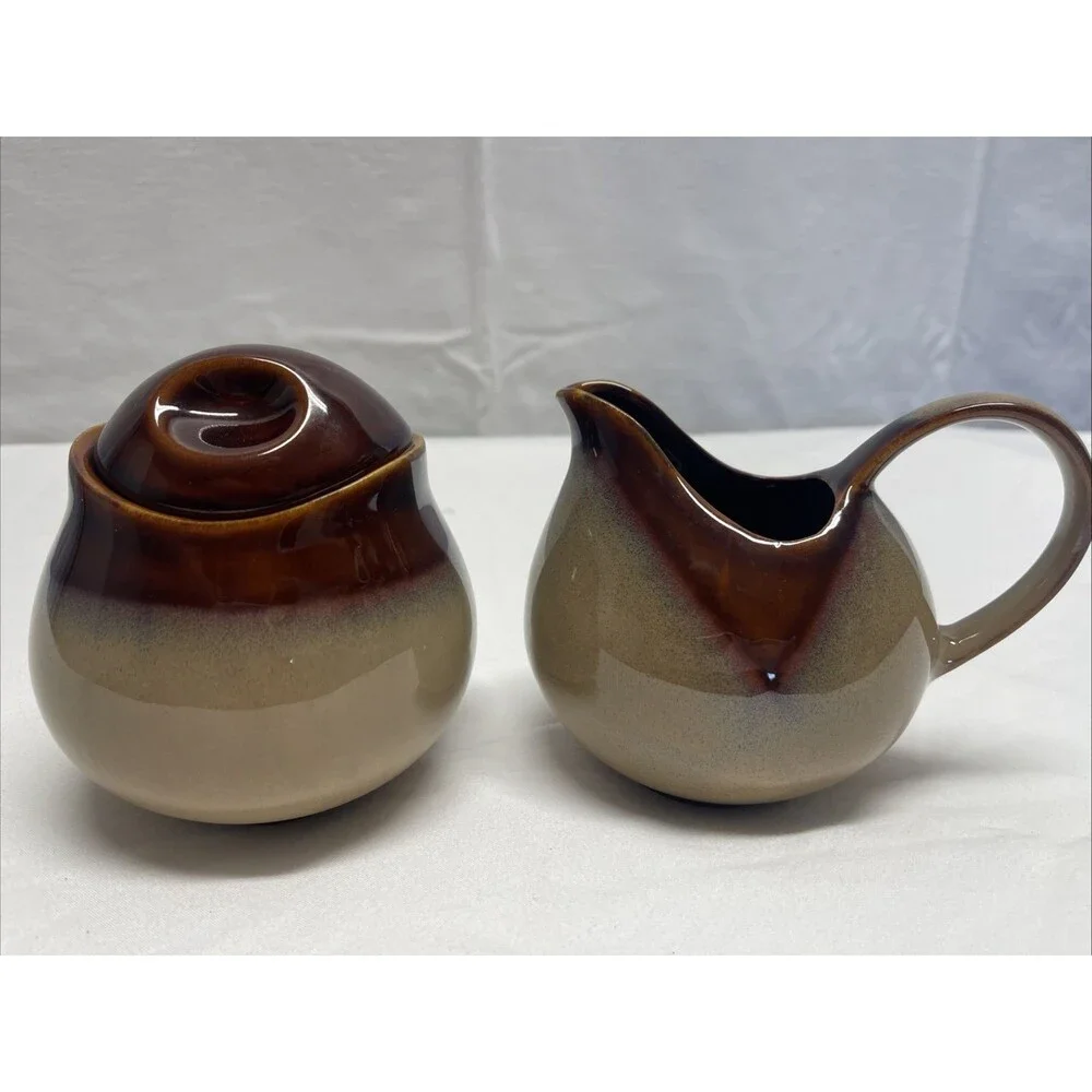 Sango Nova Brown Drip Glaze Pottery Creamer & Sugar Bowl Set Excellent Condition